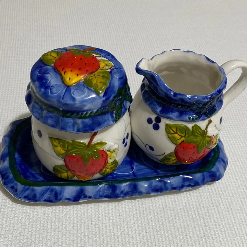 Vintage Strawberry Creamer, Sugar Bowl w/ Lid and Tray Set - Picture 3 of 10